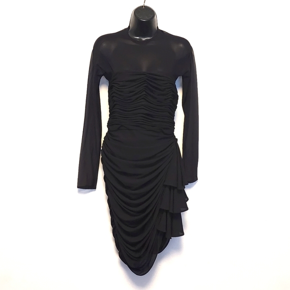 Tadashi Shoji Dresses & Skirts - VINTAGE TADASHI Black Ruched Dress w/ Mesh Neckline, Shoulders & Long Sleeves, 4
